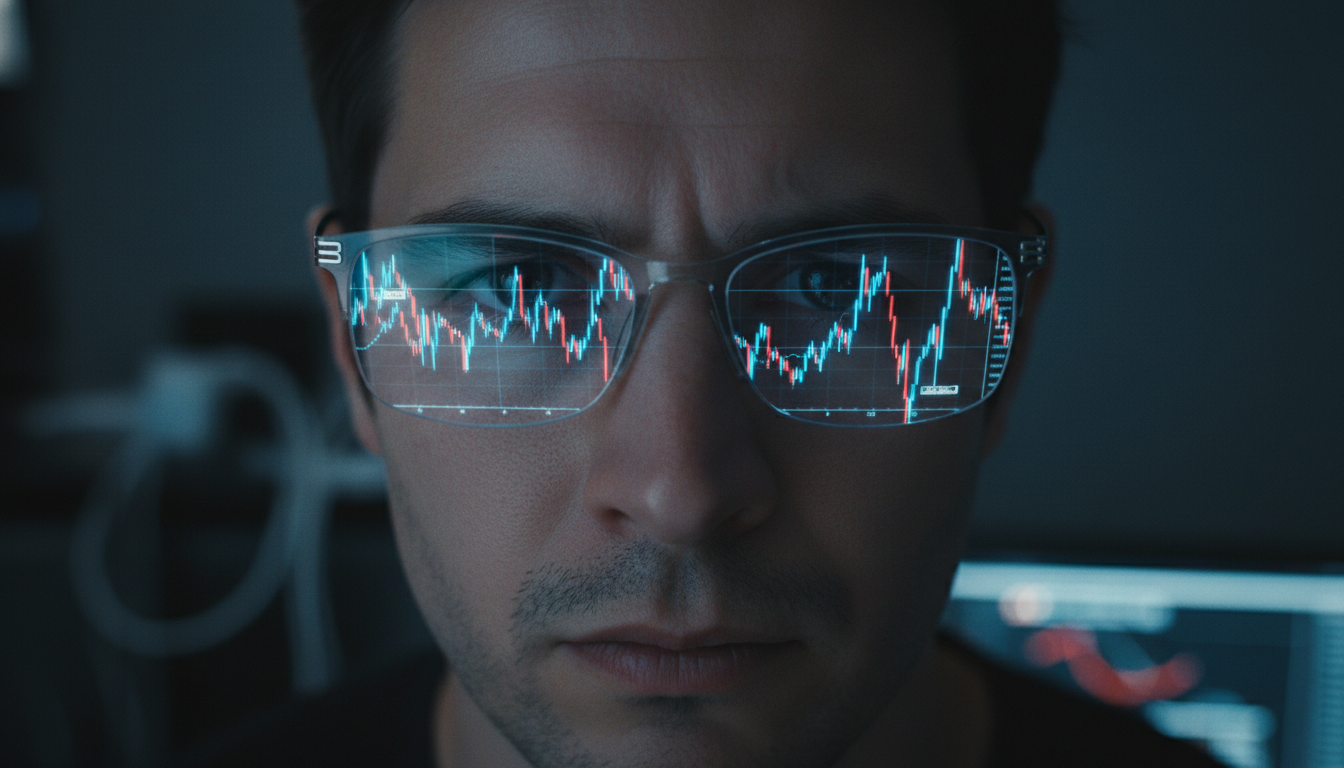 A photorealistic close-up of a holographic cryptocurrency trading chart glowing in neon blue and red against a dark background, showing jagged, high-volatility spike lines, reflecting on a pair of modern glasses worn by a focused trader in a dark room.