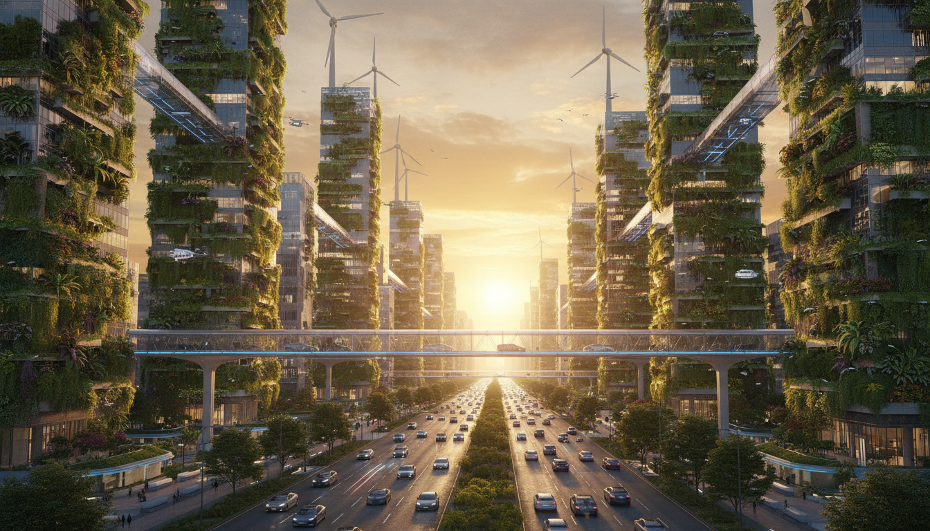 A futuristic, photorealistic cityscape in the year 2026 featuring skyscrapers covered in vertical gardens, wind turbines integrated into architecture, and electric autonomous vehicles, bathed in warm golden hour sunlight to symbolize a bright sustainable future.