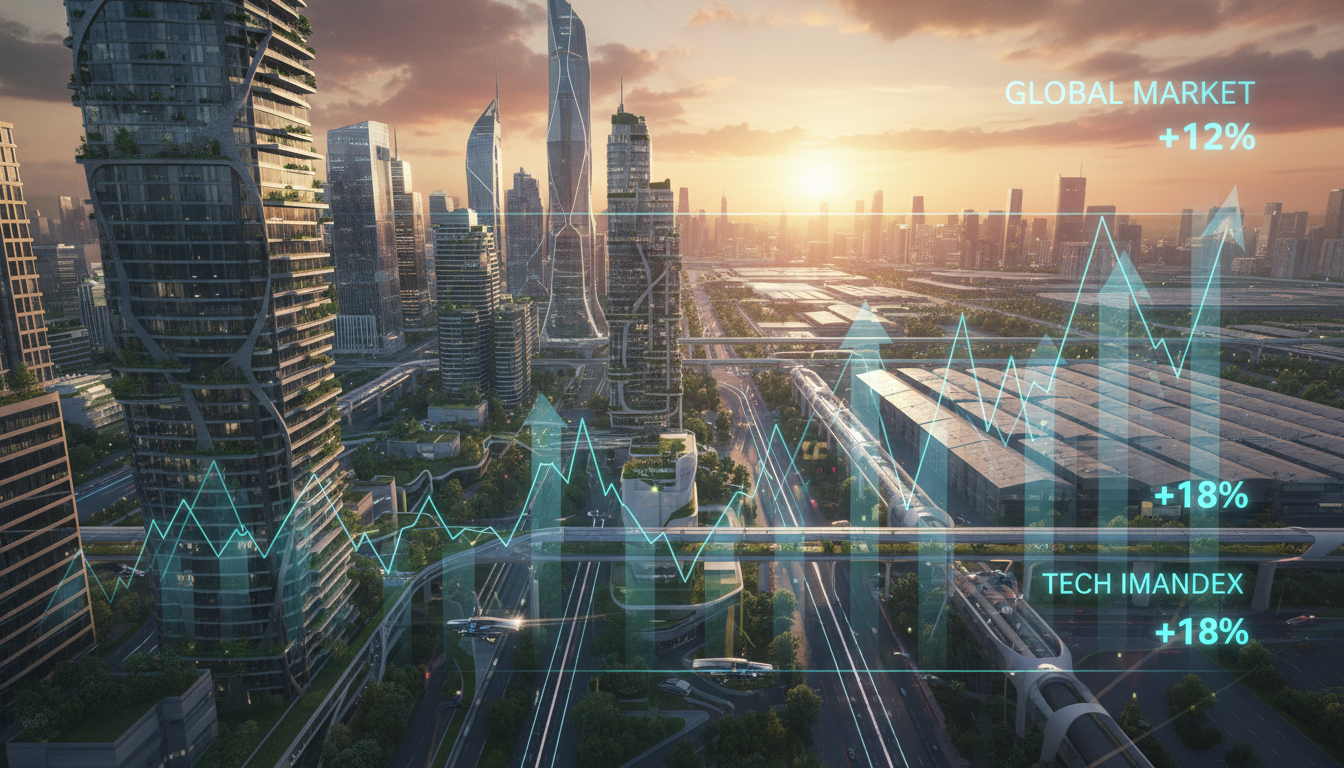 A photorealistic, high-angle view of a futuristic city skyline in 2026 at sunset, showing a mix of modern residential high-rises, green office buildings, and logistics centers, with a digital overlay of upward trending financial graphs, cinematic lighting, 8k resolution.