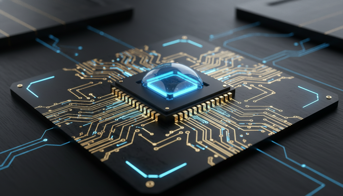 A hyper-realistic close-up of a next-generation semiconductor chip with glowing golden circuits and blue neon accents, set against a dark, sleek background, symbolizing advanced computing power, 8k resolution, macro photography style.