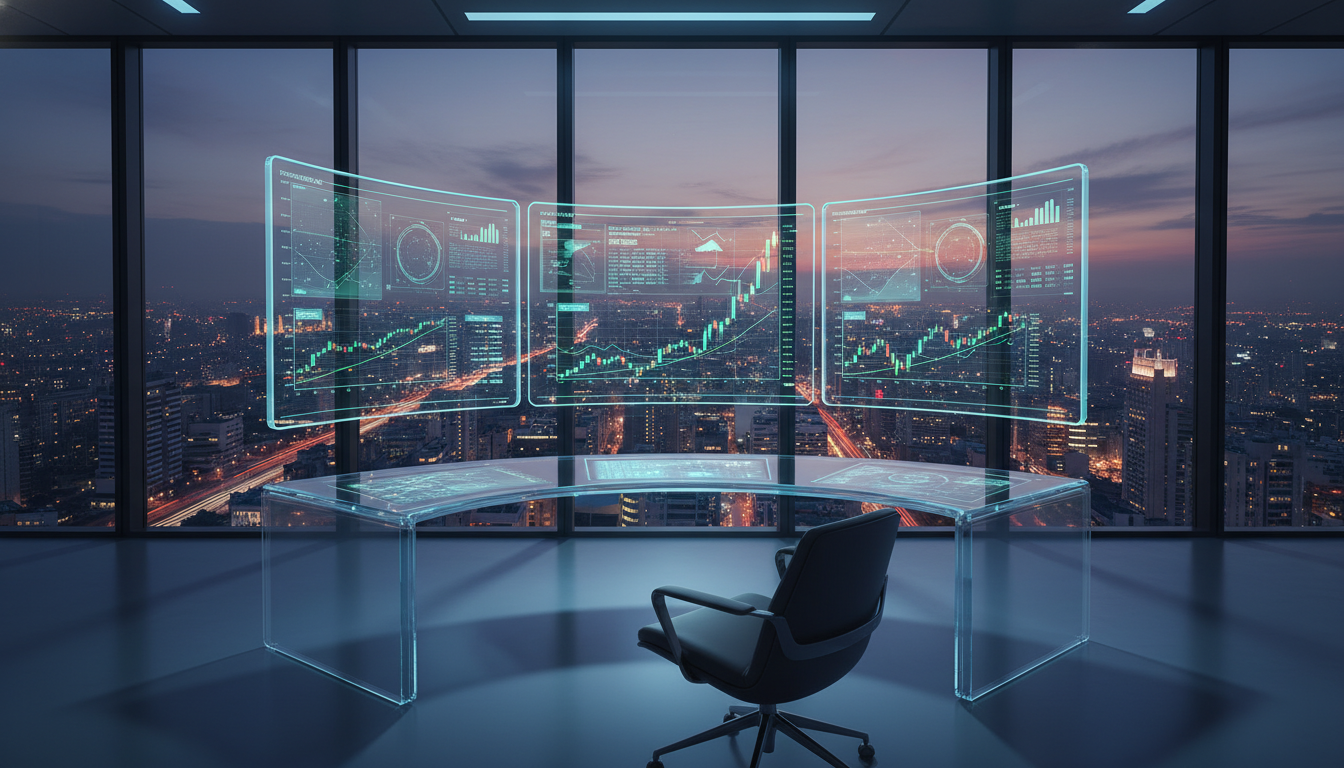 A futuristic trading desk setup in a modern high-rise office at twilight, featuring multiple monitors displaying complex holographic stock charts with upward trending green lines, photorealistic, 8k resolution, cinematic lighting.