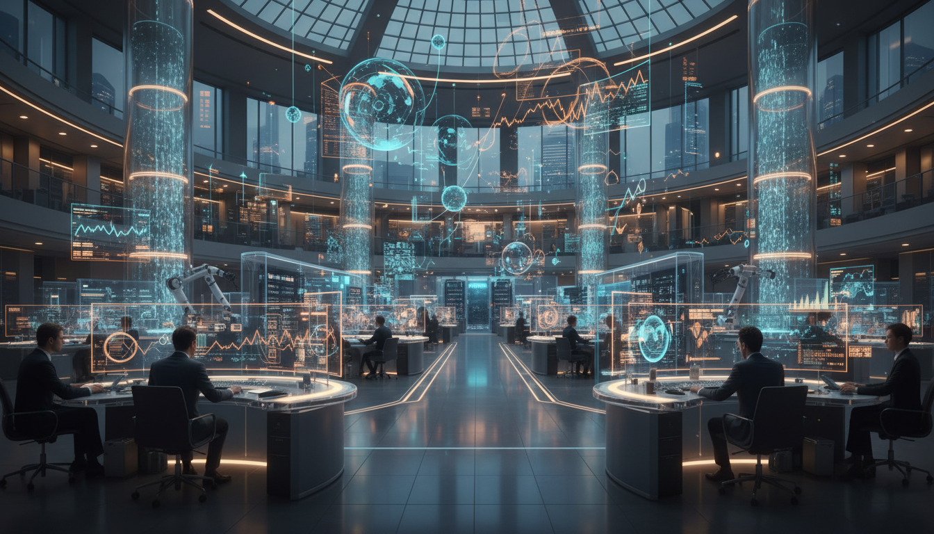 A photorealistic image of a futuristic, clean stock exchange floor where human analysts are working alongside holographic AI data visualizations, warm amber and blue lighting, 8k resolution, cinematic depth of field