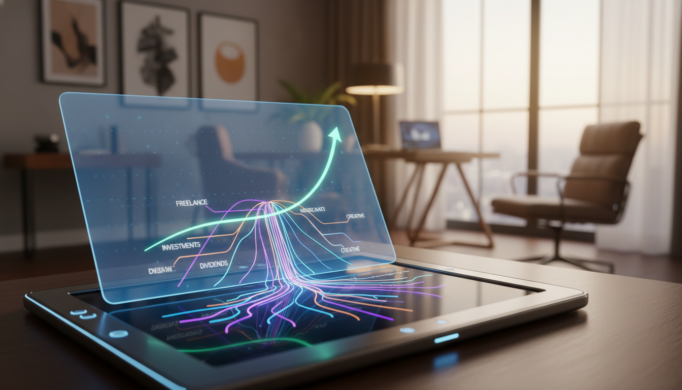 A photorealistic close-up of a futuristic digital tablet displaying a growing financial graph with multiple income streams diverging like tree roots, set against a blurred modern home office background, warm lighting, high resolution.