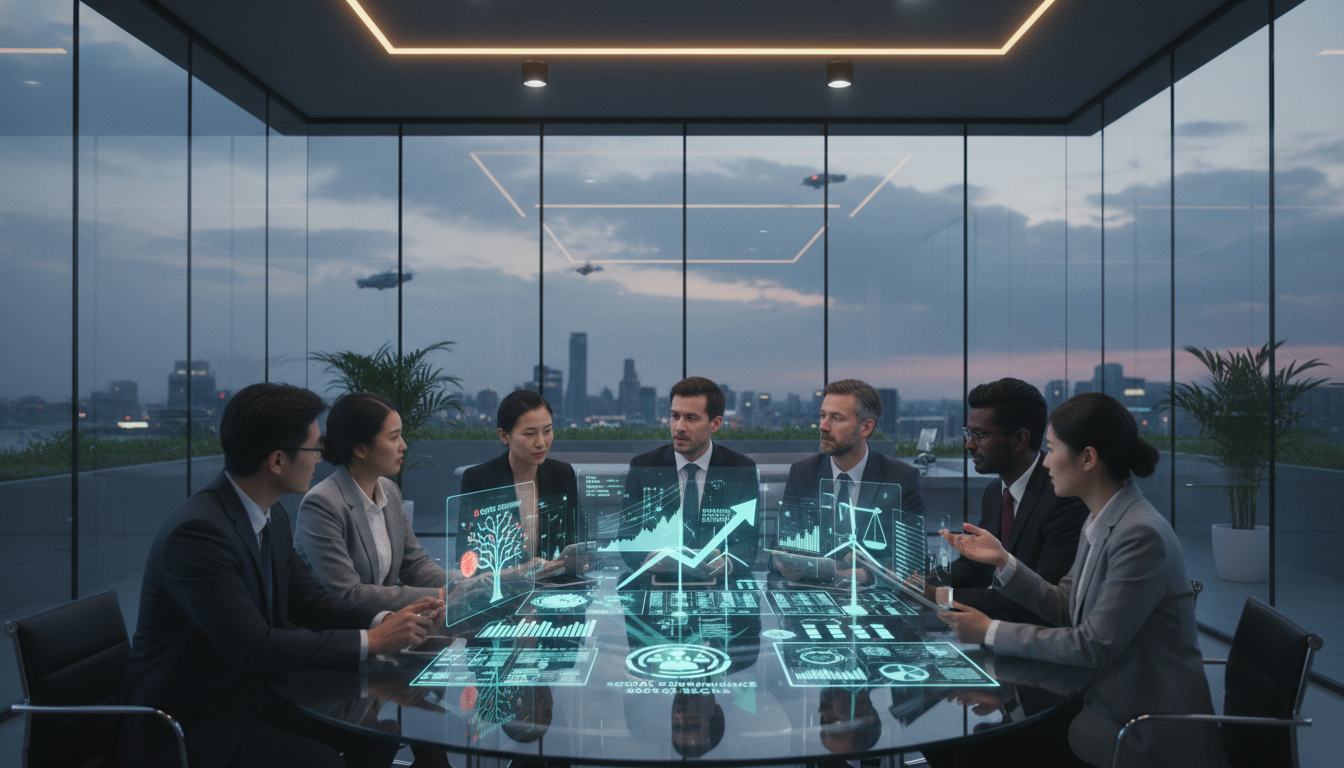 A diverse team of professional financial analysts looking at a high-tech holographic table displaying complex data visualizations of carbon footprints, renewable energy stocks, and social governance scores, set in a modern glass office.
