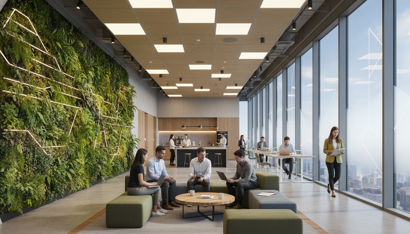 A detailed interior shot of a modern 2026 Class A office space, featuring biophilic design with living walls, open collaboration zones, smart glass windows, and diverse professionals working in a relaxed atmosphere, photorealistic, architectural photography style.