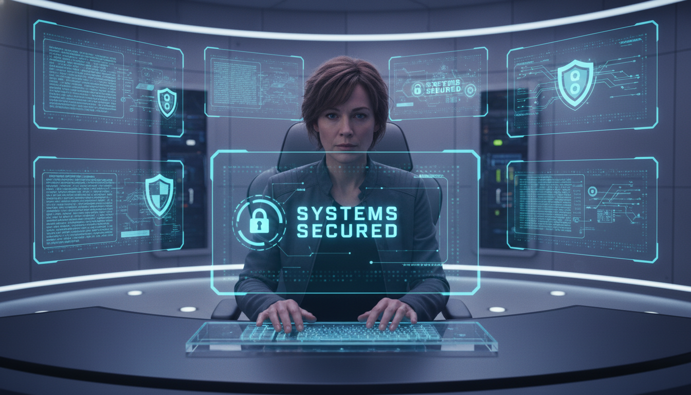 A professional cybersecurity analyst sitting in a modern, dimly lit command center, surrounded by multiple holographic screens displaying cascading blue data streams and digital shield icons, photorealistic, cinematic lighting, shallow depth of field.