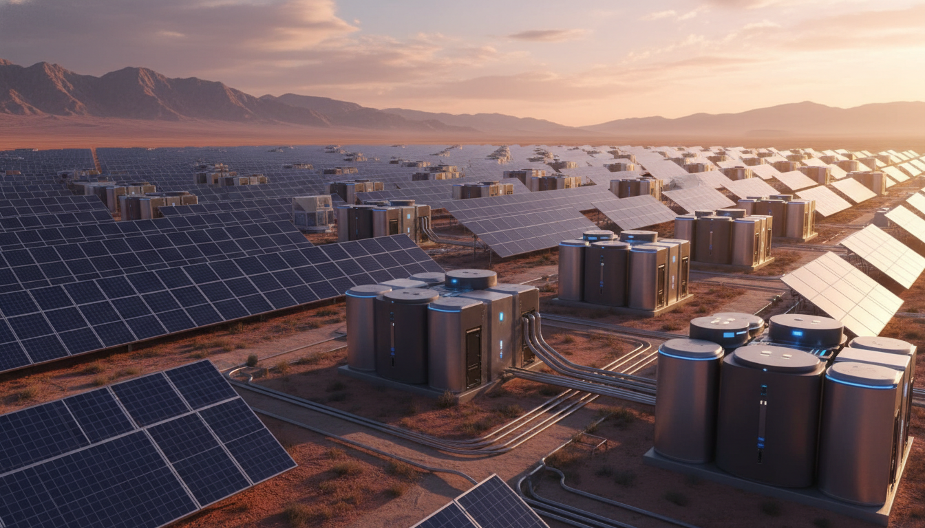 A sprawling, high-tech solar farm located in a desert landscape during the golden hour, featuring advanced battery storage units with sleek metallic finishes, detailed textures, realistic 4k photography.