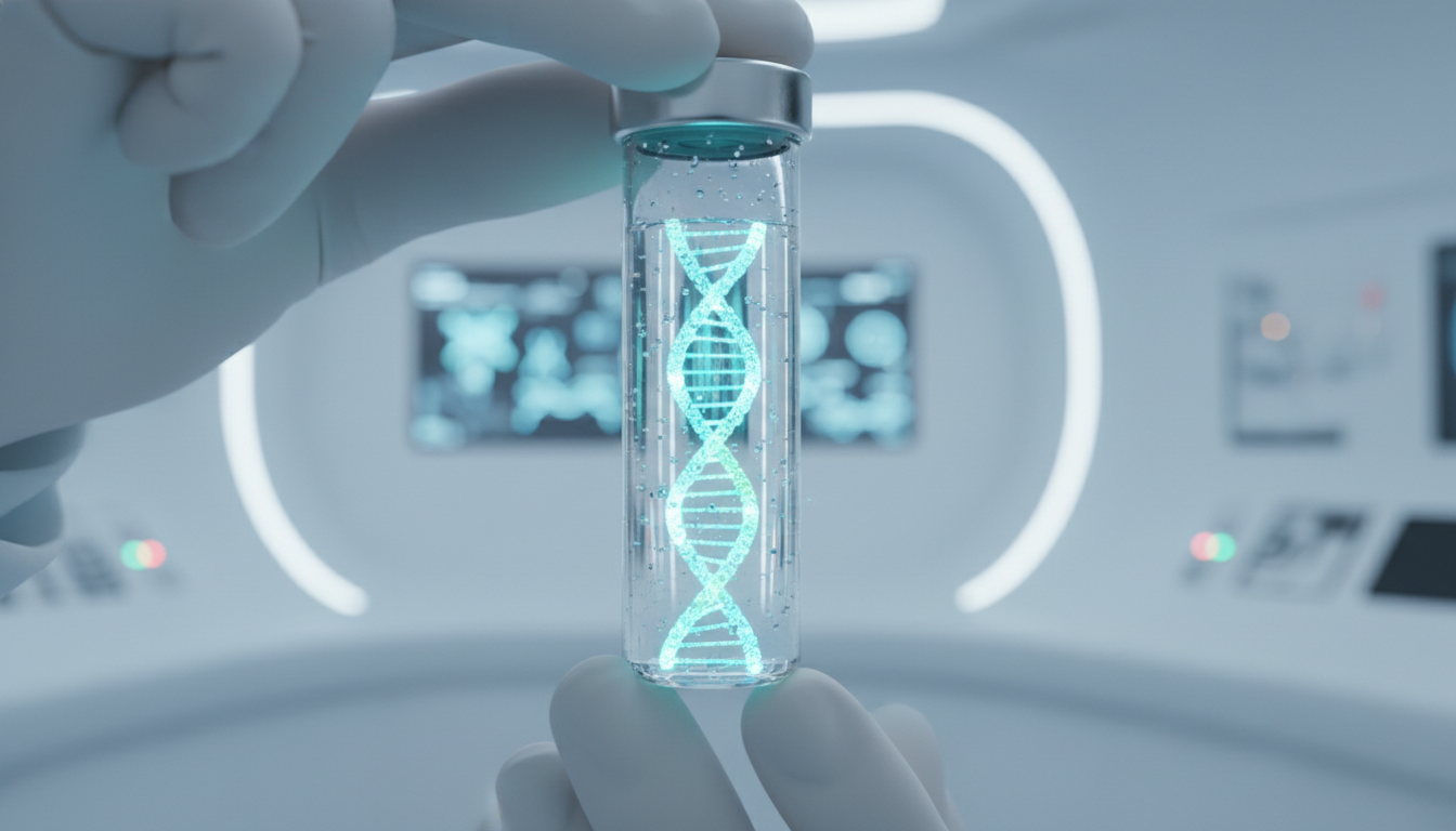 A photorealistic close-up of a scientist in a high-tech laboratory holding a glass vial with a glowing DNA helix structure inside, sterile white and soft blue environment, macro photography style, extremely detailed