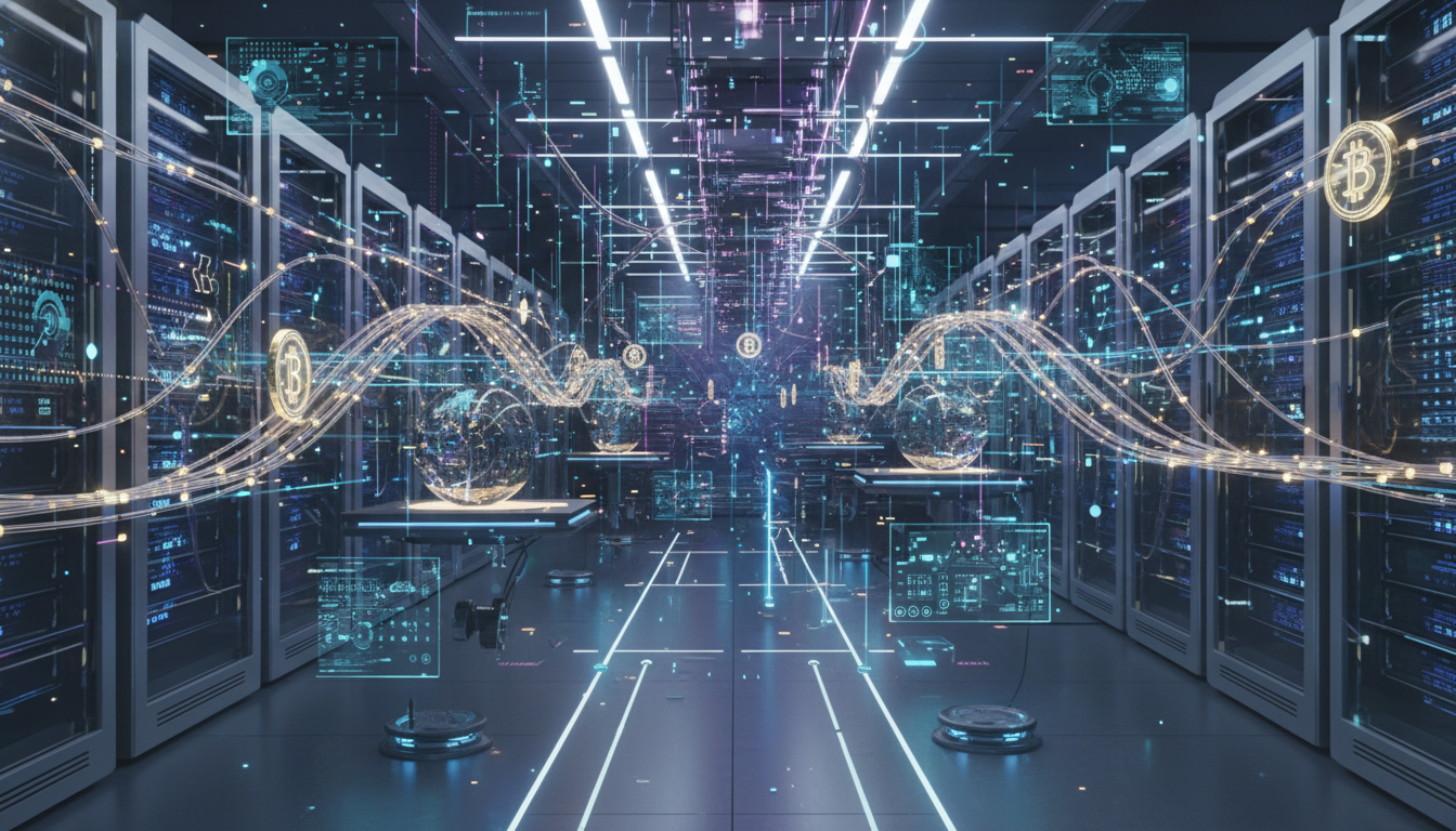 A photorealistic illustration of a futuristic server room where glowing digital nodes are connecting, symbolizing the merger of Artificial Intelligence and Blockchain technology, with gold and silver digital coins flowing through fiber optic cables.