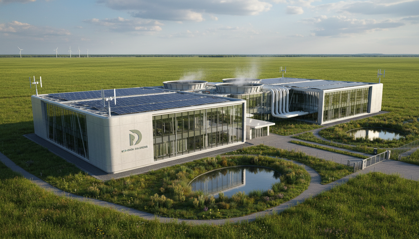 A photorealistic exterior view of a state-of-the-art, sustainable data center facility located in a green field, featuring solar panels on the roof and modern cooling infrastructure, emphasizing technology and stability, 8k resolution.