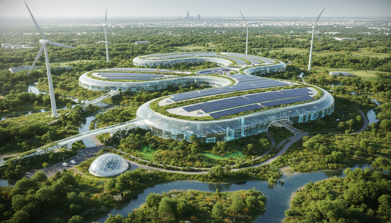 A futuristic sustainable data center integrated into a lush green landscape with solar panels and wind turbines, merging high technology with nature, bright daylight, aerial view, photorealistic 8k render.
