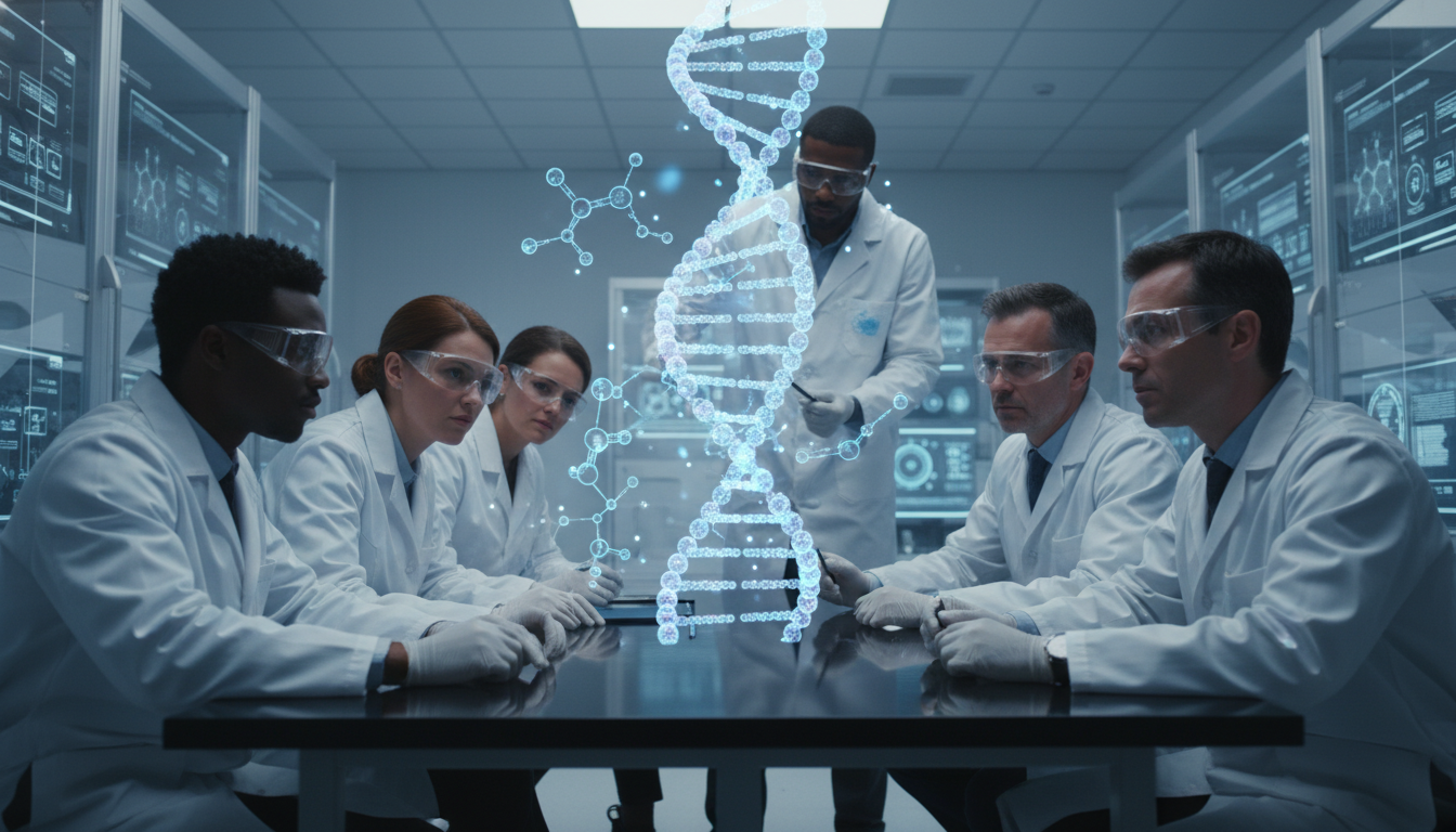 A sterile, modern laboratory setting where diverse scientists in white coats are analyzing a 3D DNA double helix structure projected in mid-air, macro photography style, sharp focus, professional lighting.