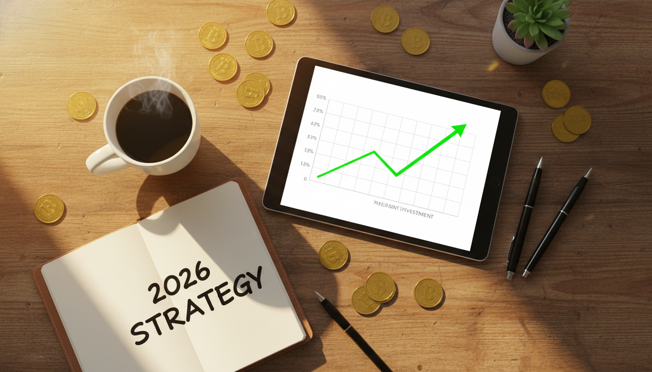 A top-down photorealistic view of a wooden desk with a digital tablet showing a rising investment graph, surrounded by a cup of coffee, a notebook labeled '2026 Strategy', and gold coins, natural sunlight streaming in, 8k resolution