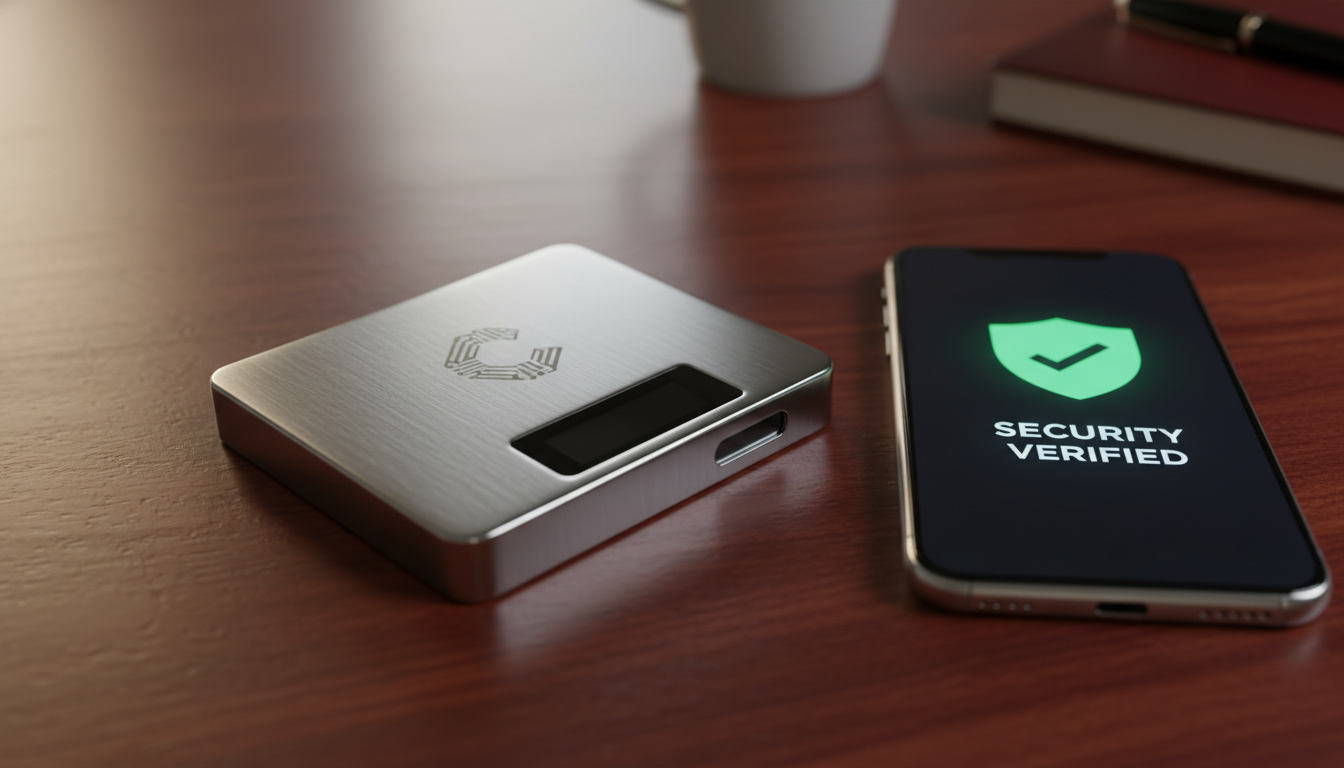 A high-detail, photorealistic shot of a premium, metallic cryptocurrency hardware wallet resting on a polished wooden desk next to a smartphone displaying a security verified shield icon, soft ambient lighting.